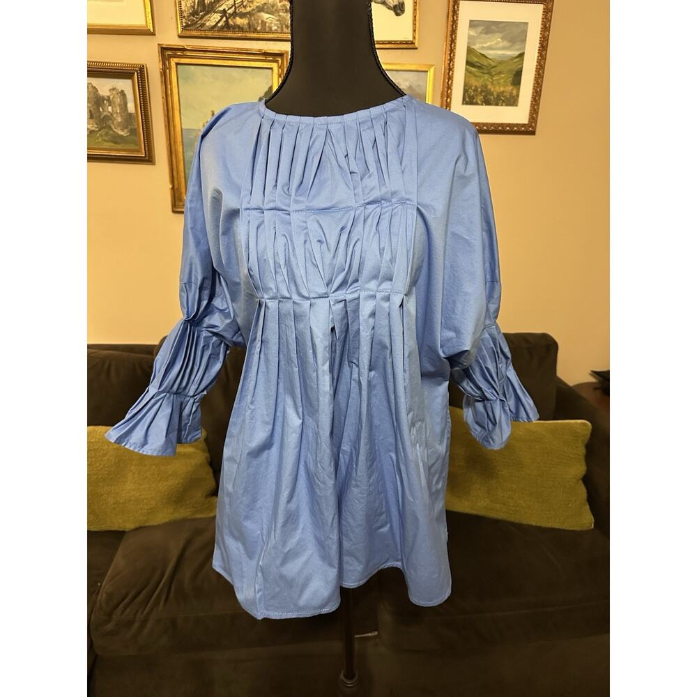 Monica Nera Sara Cotton Blue Top Pleating Whimsical Boho Minimalist XS New $270